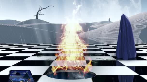 Surrealism Chessboard Burning Portal Another Dimension Lonely Man Distance Figure — Vídeo de Stock