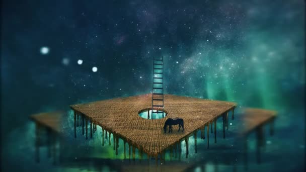 Surreal Composition Horse Graze Square Field Sky — Vídeo de Stock