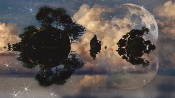 Skalnaté Ostrovy Obrovský Měsíc Zamračené Obloze Animované Video — Stock video