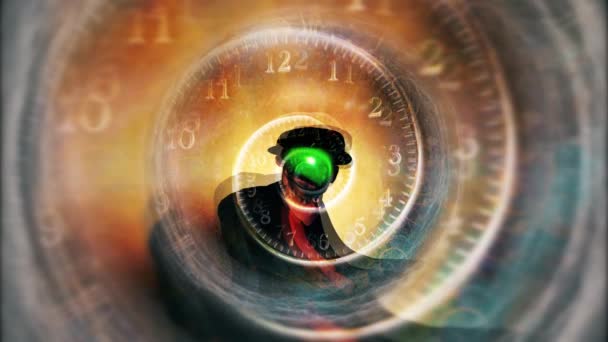 黒のスーツの男 緑のリンゴの顔 雲の渦の時間スパイラル — ストック動画