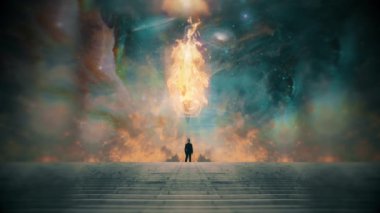 Fire in the open sky. Man in black suit animation