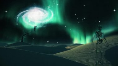 Surreal white desert. Man with red umbrella stand on a dry tree. Skeleton symbolizes death. Spiral galaxy in the sky