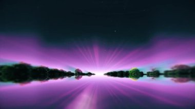 Purple light on watery islands horizon. Green trees. Animated video