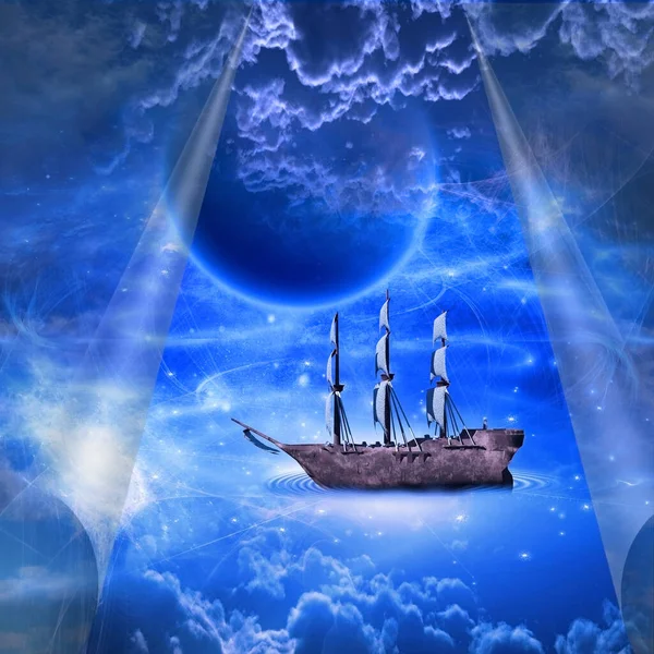 Завіса Неба Відкрилася Щоб Виявити Інше Бачення Стародавній Корабель Плаває Стокове Зображення