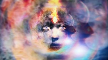 Mystic woman's face in the cloudy sky. Animated 4K video