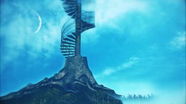 Surreal digital art. Spiral stairs tree. Animated 4K video