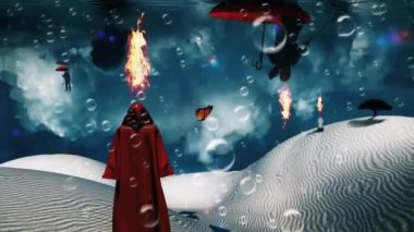 Figure in red cloak stands in desert. Man floats in red umbrella. Green tree on a sand dune. Figure of monk in a distance. Animated 4K video