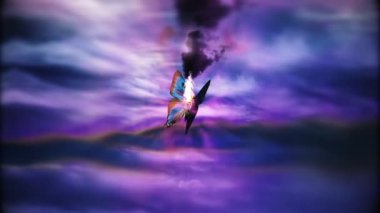Butterfly in abstract purple sky. Animated 4K video