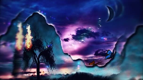 Silhouette Tree Calm Water Moon Flock Birds Starry Sky Animated — стоковое видео