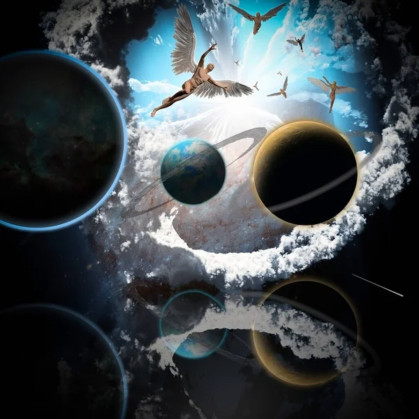 Exoplanets Earth Artificial Planetary Ring Angels Fly Sky — Stock Photo, Image