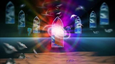 Artist's Imagination. Winged light-bulbs ancient windows and artwork. Animated 4K video