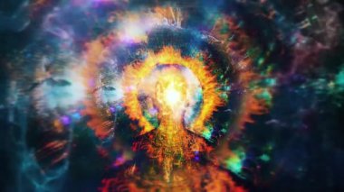 Through eternity. Angels soars in space. Man with ring of fire around head. Animated 4K video