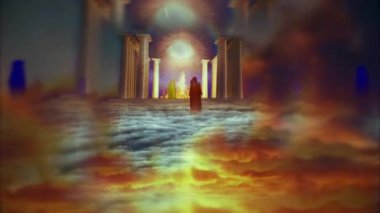 Temple of fire in spiritually based composition. Eye of God. Priests or monks. Animated 4K video