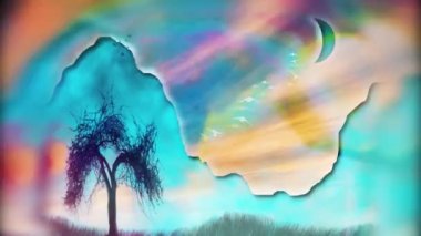 Surreal night landscape. Birds flies to the moon as a free souls. Animated 4K video