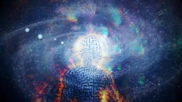 Vesmírná Meditace Hořící Muž Bludištěm Hodiny Tvář Živé Vesmír Pozadí — Stock video