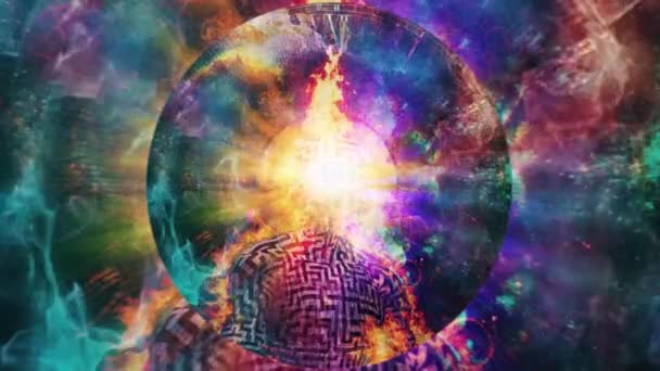 宇宙瞑想 蓮の花で燃える男は深い空間で瞑想ポーズ アニメーション4Kビデオ — ストック動画