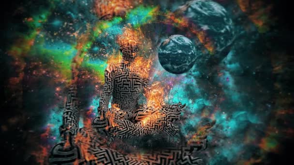 シュールレアリズム 蓮のポーズで迷路模様の男の燃える姿 宇宙を背景に鮮やかに アニメーション4Kビデオ — ストック動画