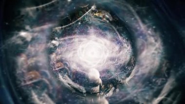 Gerçeküstü modern sanat. Astronot atomdan ve sonsuz mekanlardan önce gelir. Canlandırılmış 4K video
