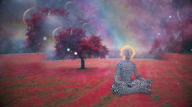 Adam nilüfer çiçeği pozuyla meditasyon yapıyor. Alevli haleler. Canlandırılmış 4K video