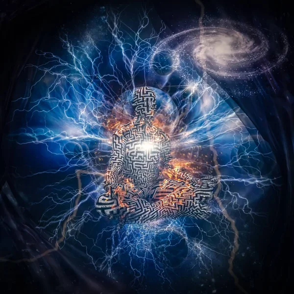 炎の中で蓮のポーズで迷路パターンを持つ男の図 宇宙での瞑想 内部からのエネルギー放射線 — ストック写真