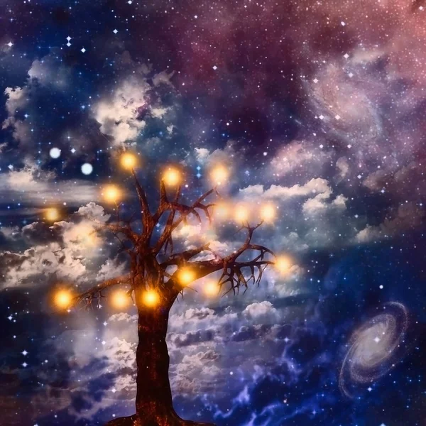 灯泡挂在树枝上 思想之树 — 图库照片