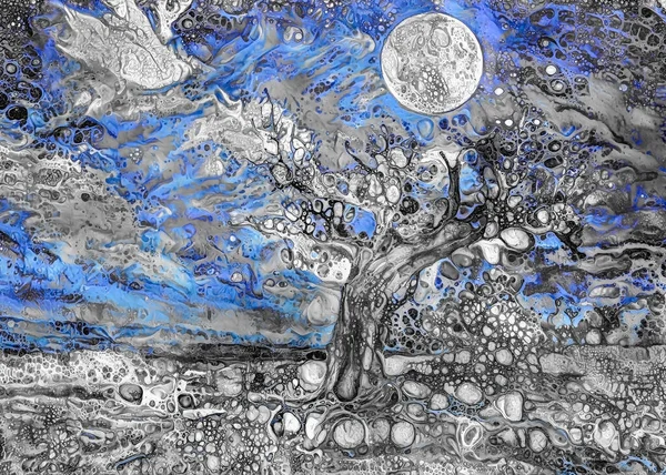Árvore Velha Lua Cheia Céu Noturno Pintura Abstracta — Fotografia de Stock