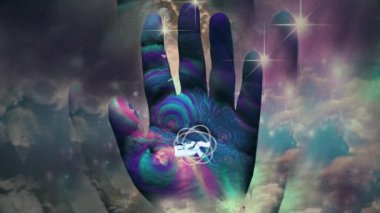 Atom model in human hand. Animated 4K video