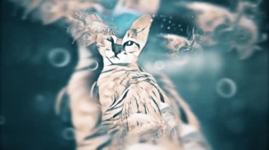 Kedi Düşleri. Yüzen balıklar ve kabarcıklar. Canlandırılmış 4K video