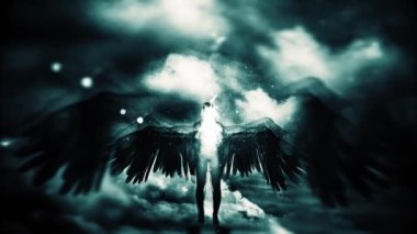 Kanatlı kara melek ilahi ateşi tutuyor. Canlandırılmış 4K video