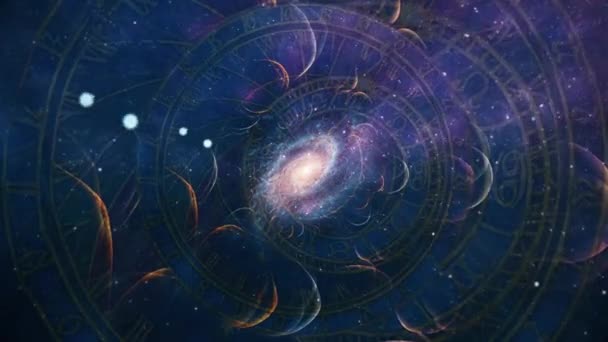 Tidshjul Astronomisk Klocka Och Spiralgalax Animerad Video — Stockvideo