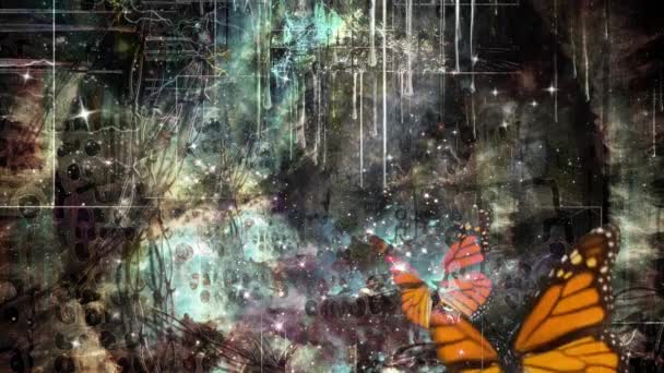 Mariposa Sobre Fondo Surrealista Arte Oscuro Con Símbolos Místicos Vídeo — Vídeos de Stock