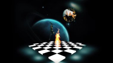 Space leap. Surreal scene. Doll on chessboard in space. Animated 4K video