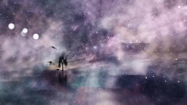 Sakin Bir Sudaki Ağaç Silueti Yıldızlı Gökyüzünde Kuş Sürüsü Canlandırılmış — Stok video