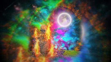 Space meditation. Burning man in lotus pose meditate in deep space. Animated 4K video