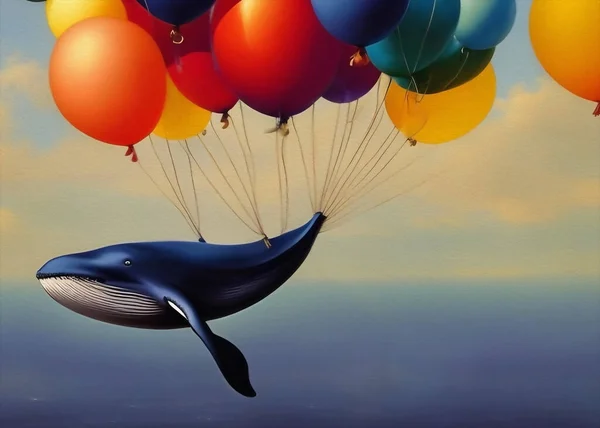 Wieloryb Błękitny Balony Powietrzne Cyfrowe Malowanie Surrealistyczne — Zdjęcie stockowe