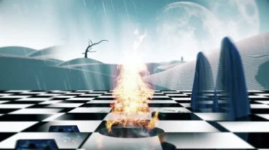 Sürrealizm. Başka bir boyuta açılan yanan geçitli satranç tahtası. Uzakta yalnız bir adam. Kumaşla kaplı insan figürü. Canlandırılmış 4K video