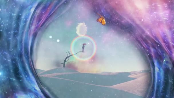 夢の砂漠 赤い傘の空間と男 アニメーション4Kビデオ — ストック動画