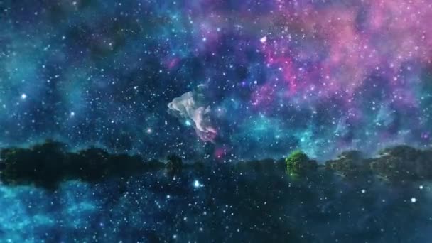 Copaci Apă Calmă Cerul Înstelat Animație Video — Videoclip de stoc