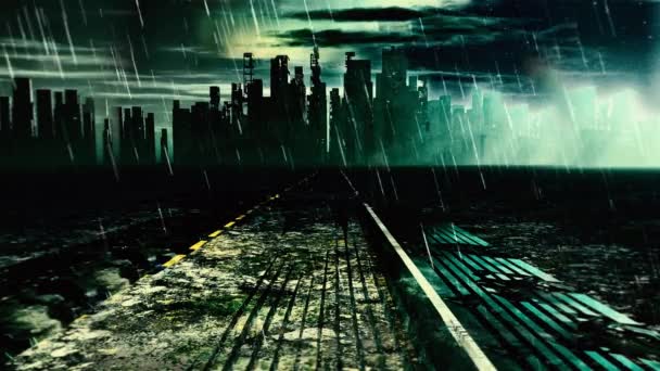 Дорога Заброшенному Городу Погода Дождливая Апокалиптический Пейзаж Мультфильм — стоковое видео