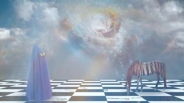 Глубокое Воображение Парусник Облаках Полосатая Лошадь Человеческая Фигура Покрыты Голубой — стоковое видео