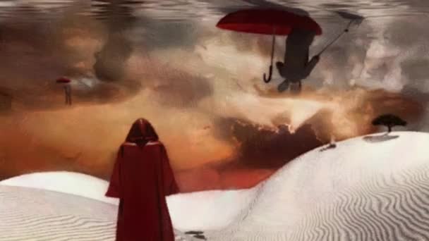 Figure Red Cloak Stands Desert Man Floats Red Umbrella Green — стоковое видео