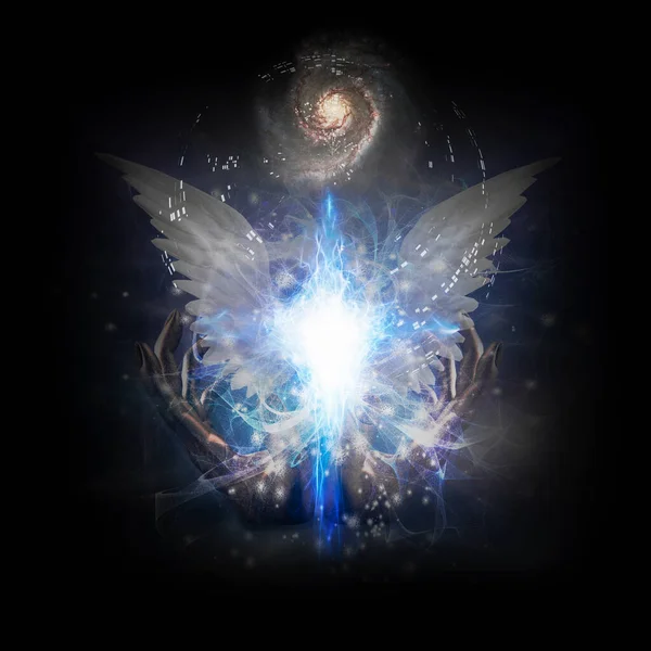 明亮的恒星 有白色天使的翅膀 造物主的手能量呈交叉的形状 无边宇宙中的螺旋星系 图库图片
