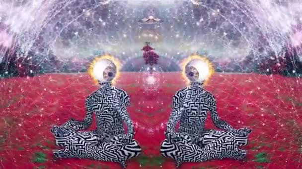 Spirituele Compositie Brandende Hoofden Mediteren Lotus Poseren Surrealistisch Landschap Animatie — Stockvideo