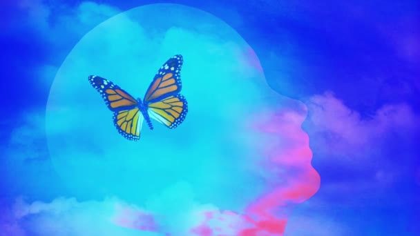 Silueta Cabeza Humana Mariposa Cielo Vídeo Animado — Vídeo de stock