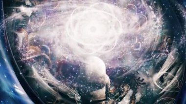 Gerçeküstü modern sanat. Astronot atomdan ve sonsuz mekanlardan önce gelir. 4K Canlandırılmış Video