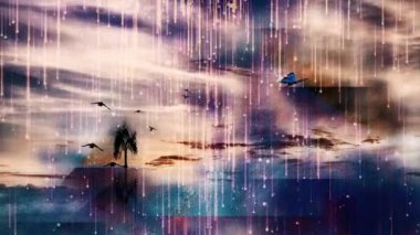 Sakin bir sudaki ağaç silueti. Yıldızlı gökyüzünde kuş sürüsü. Canlandırılmış 4K video