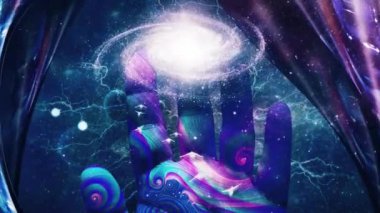Ruhani kompozisyon. Yaratıcının Eli. İnsan avuç içi ve galaksisi sonsuz uzayda. 4K Canlandırılmış Video