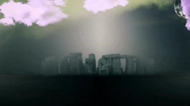 Gerçeküstü manzara. Bulutlardaki Stonehenge. 4K Canlandırılmış Video
