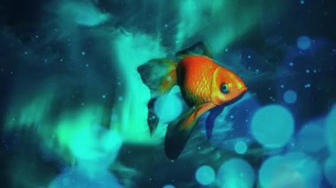 Surreal imagination. Golden fish hovers in vivid sky