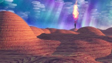 Dağ zirvesinde yanan şemsiyeli bir adam. Gün doğumu veya gün batımı ve hareket eden bulutlar. 4K Canlandırılmış Video